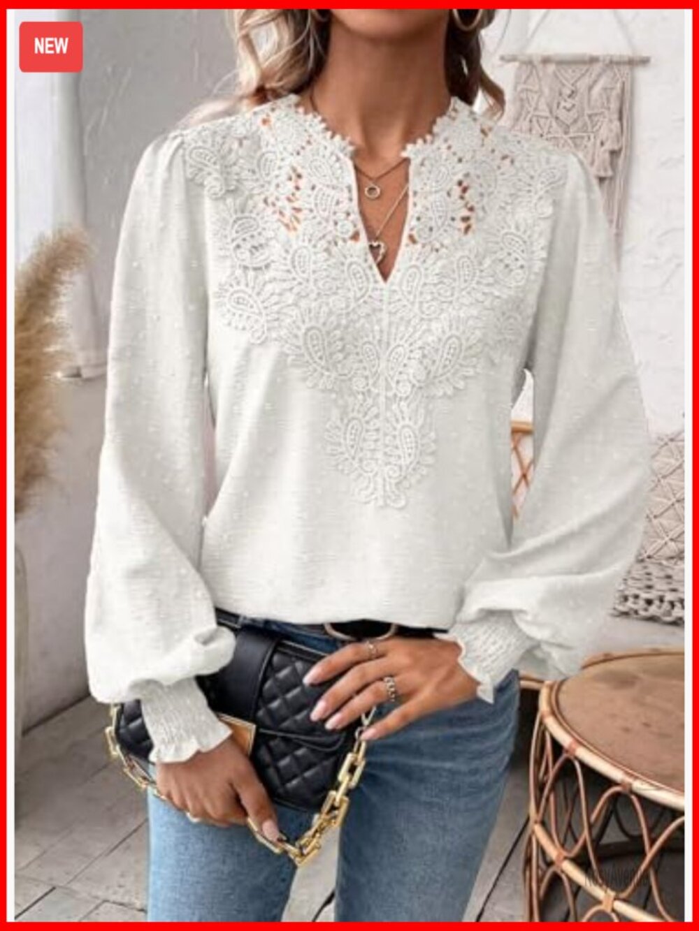 Women's Swiss Dot Long Sleeve Blouse V Neck Flowy Lace Hem Boho Tunic Top - Picture 6 of 7